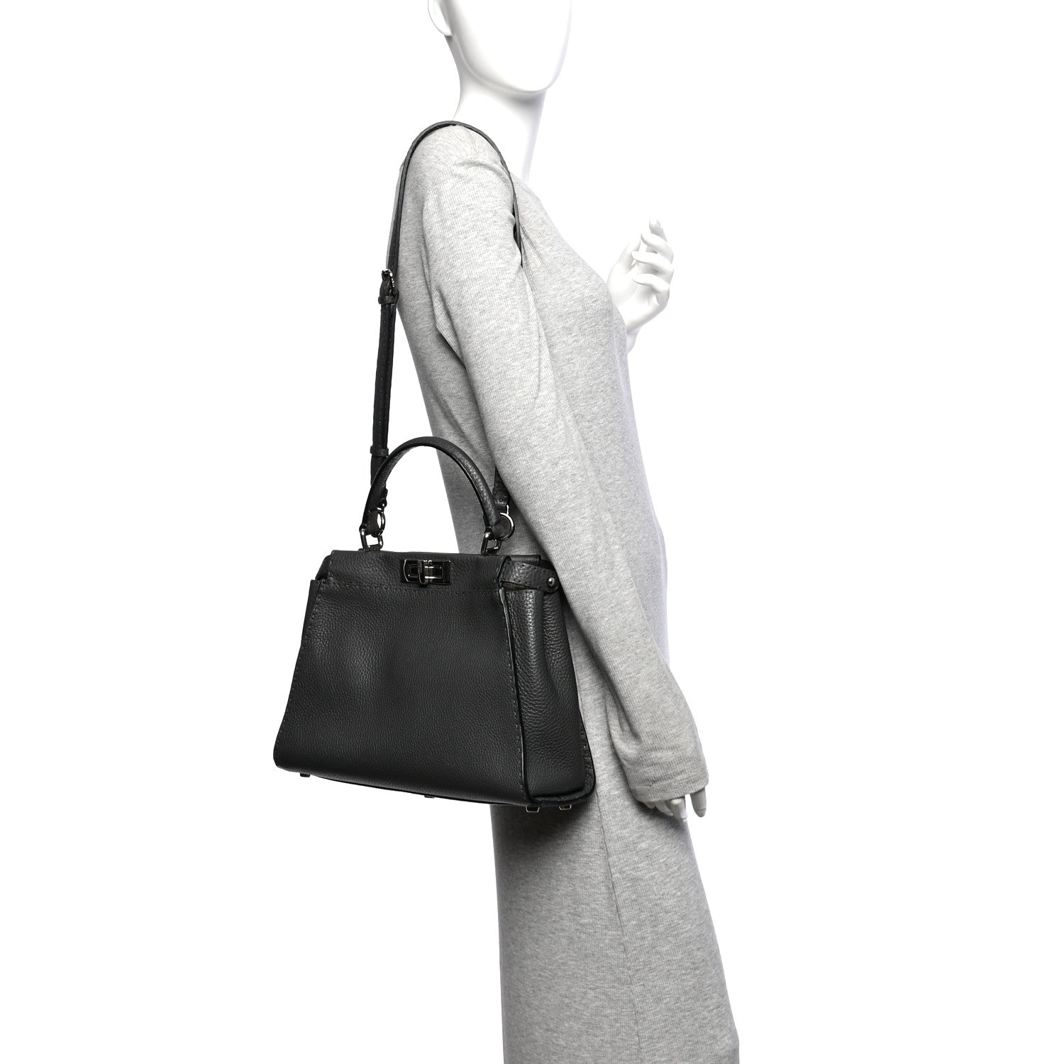 Fendi Cuoio Romano Selleria Bi-Color Medium Peekaboo Iconic Satchel Asfalto Latte 2 of 10