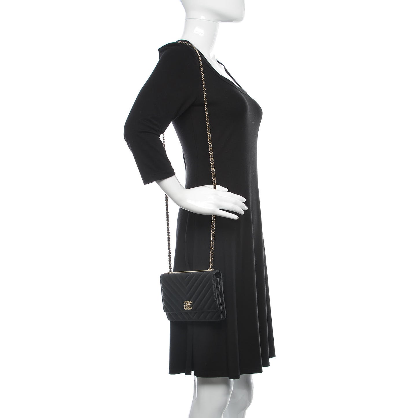 Lambskin Chevron Quilted Trendy CC Wallet On Chain WOC Black