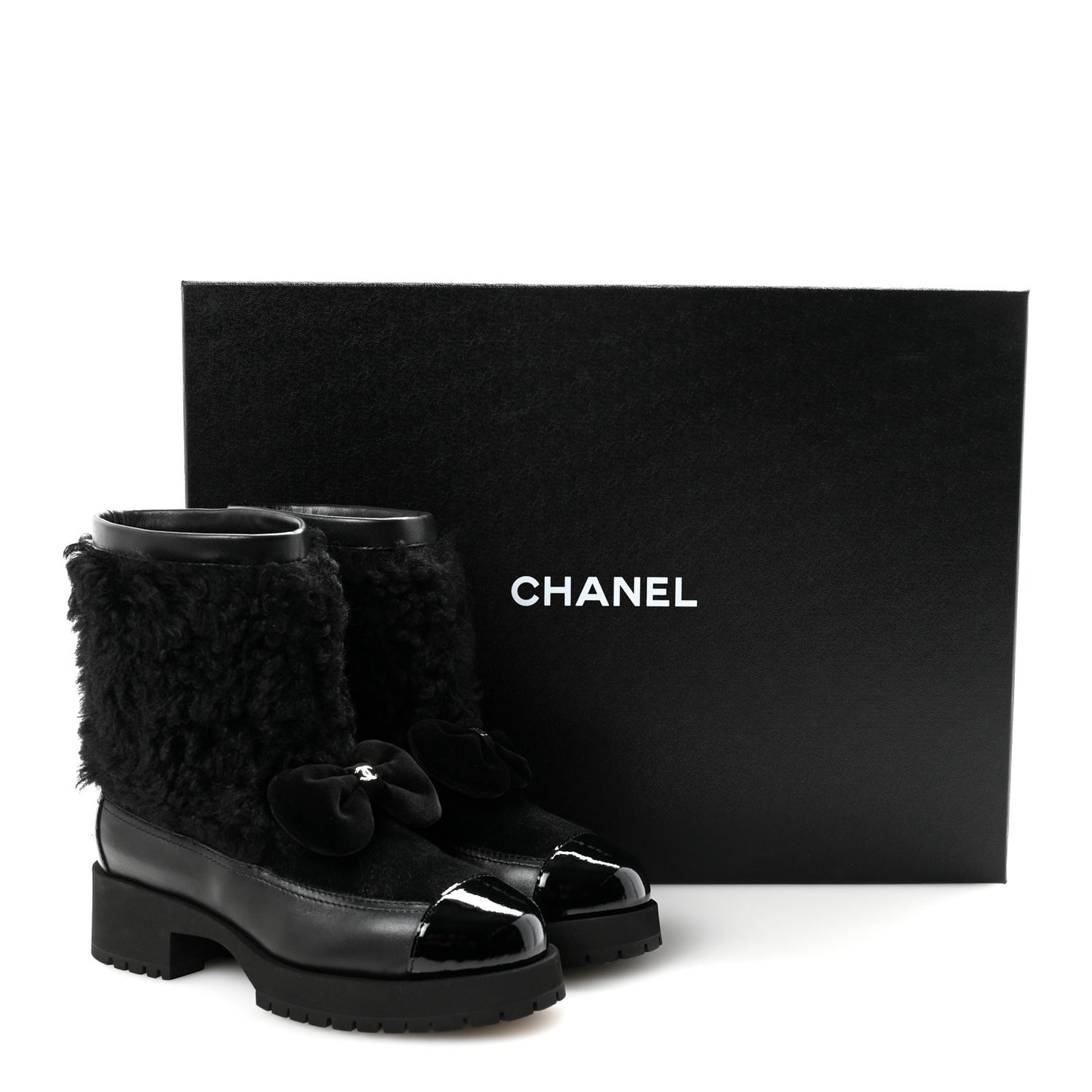 Shearling Lambskin Calfskin Patent Bow Short Boots 36 Black