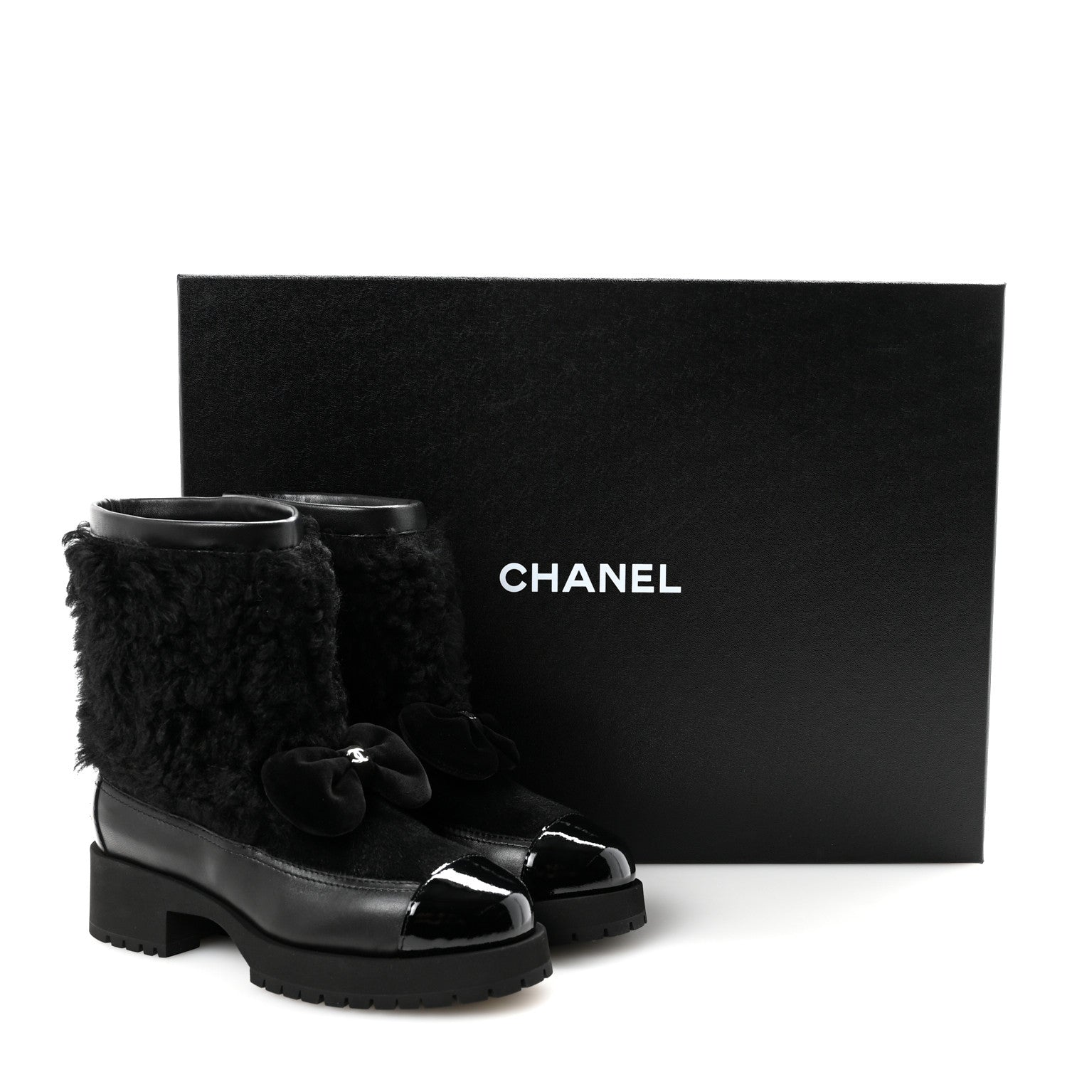 Chanel Shearling Lambskin Calfskin Patent Bow Short Boots 36 Black 10 of 10