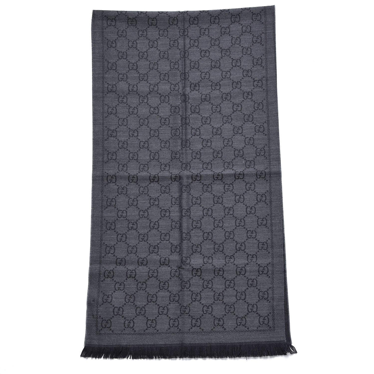 Gucci Wool Jacquard GG Monogram Sten Fringe Scarf Anthracite Black 3 of 7