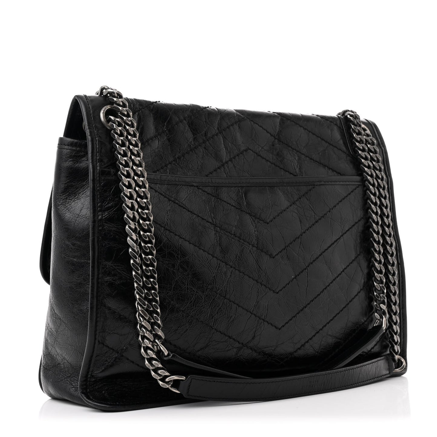 Crinkled Calfskin Matelasse Monogram Large Niki Chain Satchel Black