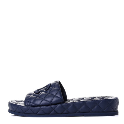 Chanel Lambskin Quilted CC Mules Sandals 39 Navy Blue 1 of 11