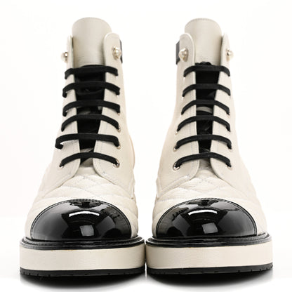 Chanel Pearly Calfskin Patent Calfskin Quilted Lace Up Boots 41 White Light Gray Black 3 of 14