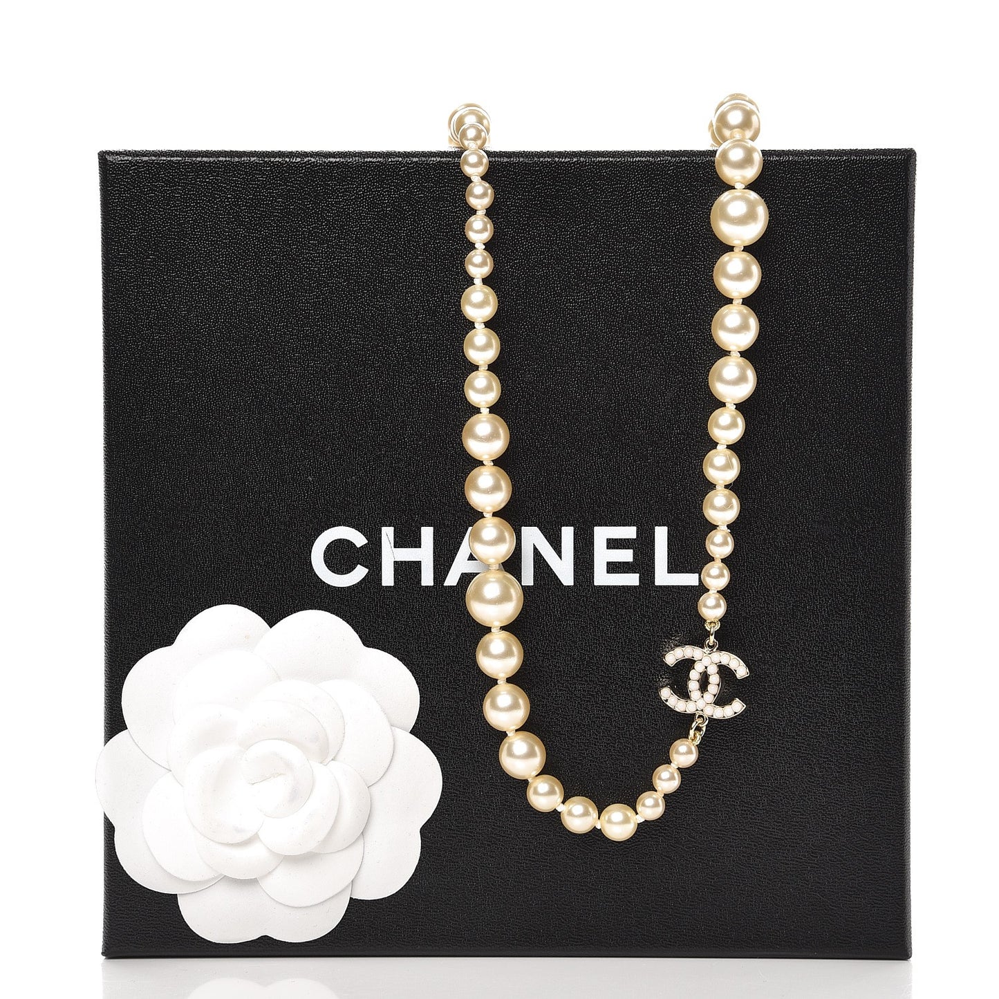 Graduated Pearl Long CC Necklace Gold