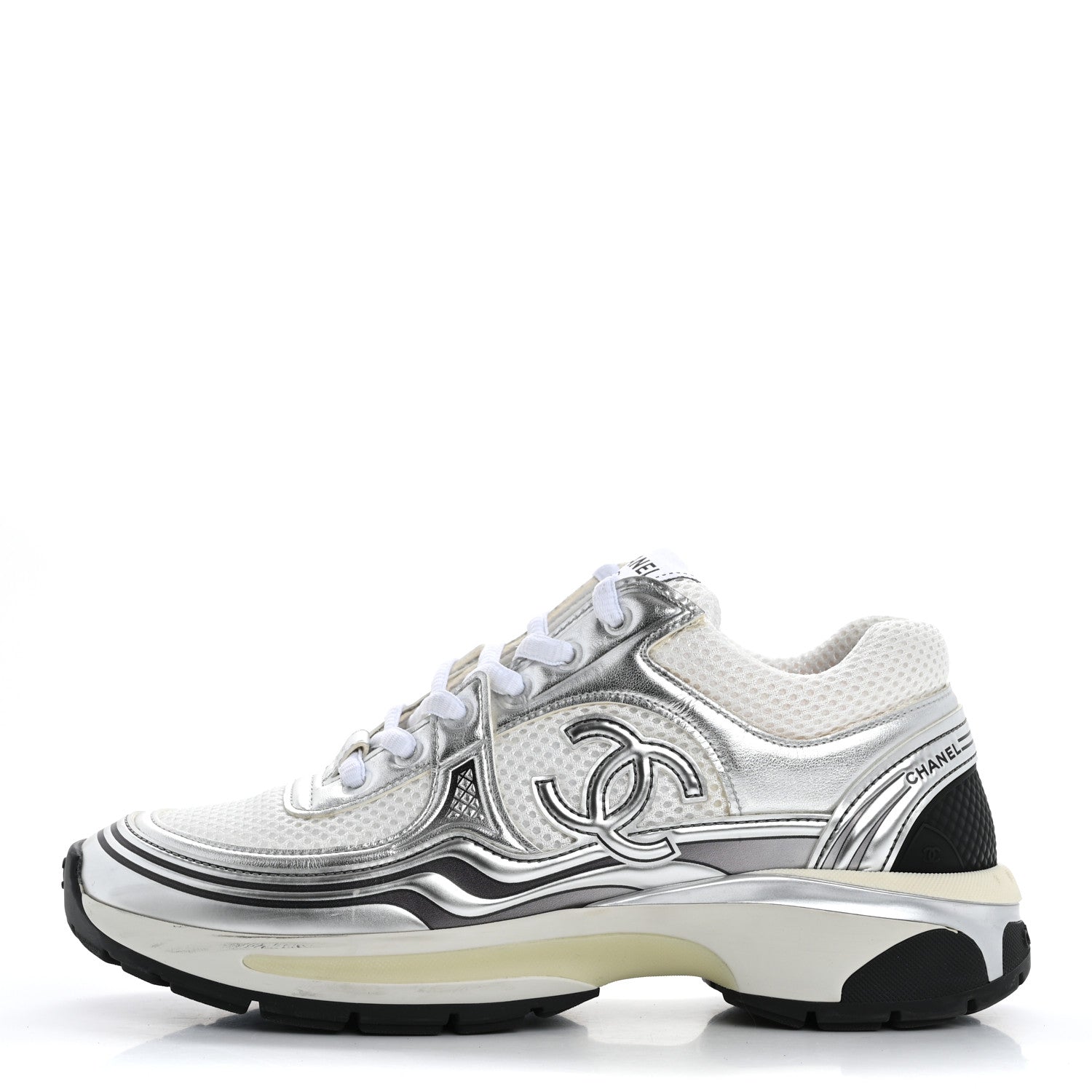 Chanel Fabric Laminated Calfskin Stretch CC Sneakers 37 White Silver 1 of 17