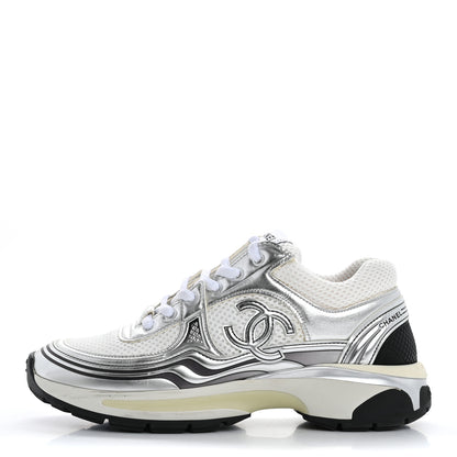 Chanel Fabric Laminated Calfskin Stretch CC Sneakers 37 White Silver 1 of 17