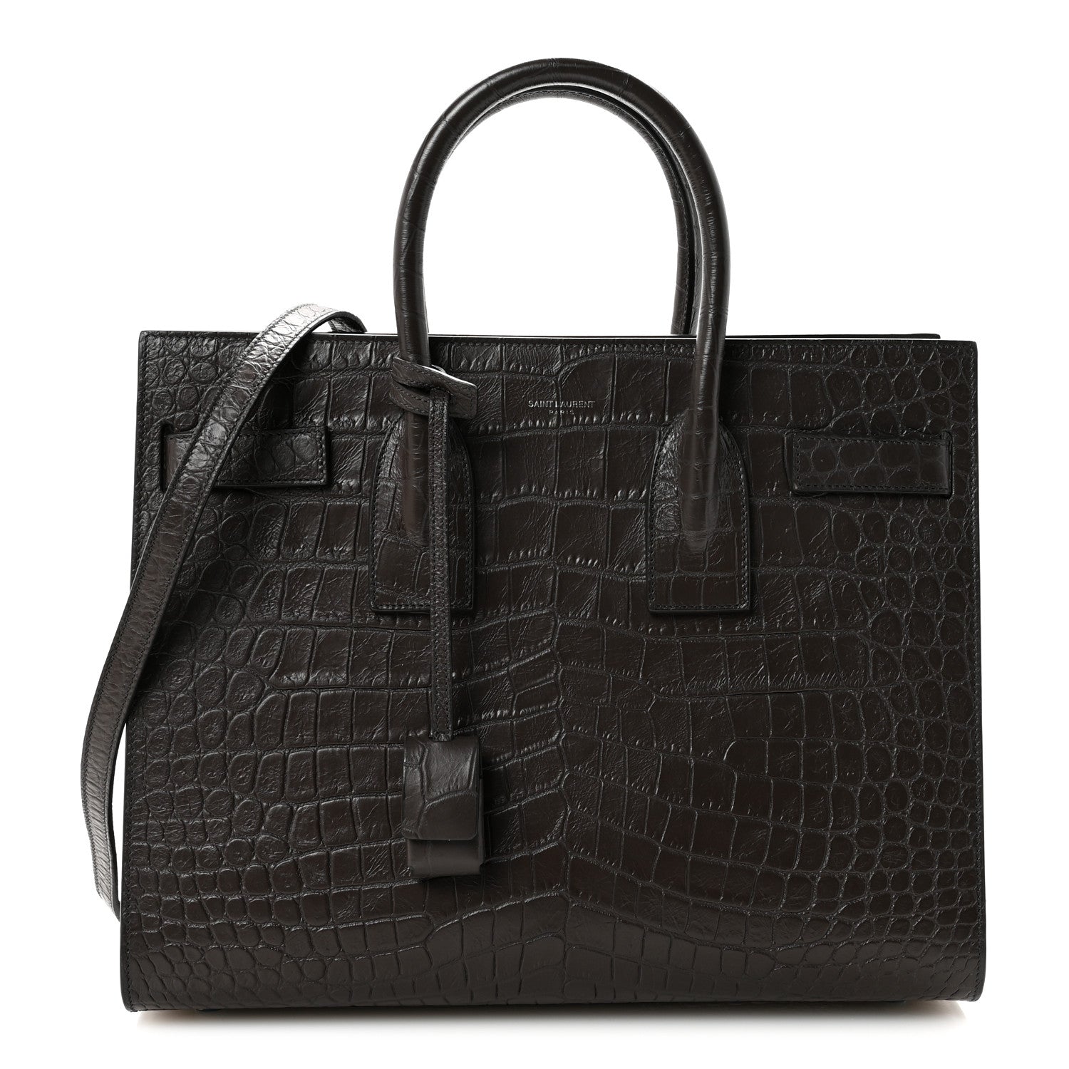 Saint Laurent Calfskin Crocodile Embossed Small Sac de Jour Dark Brown 1 of 9