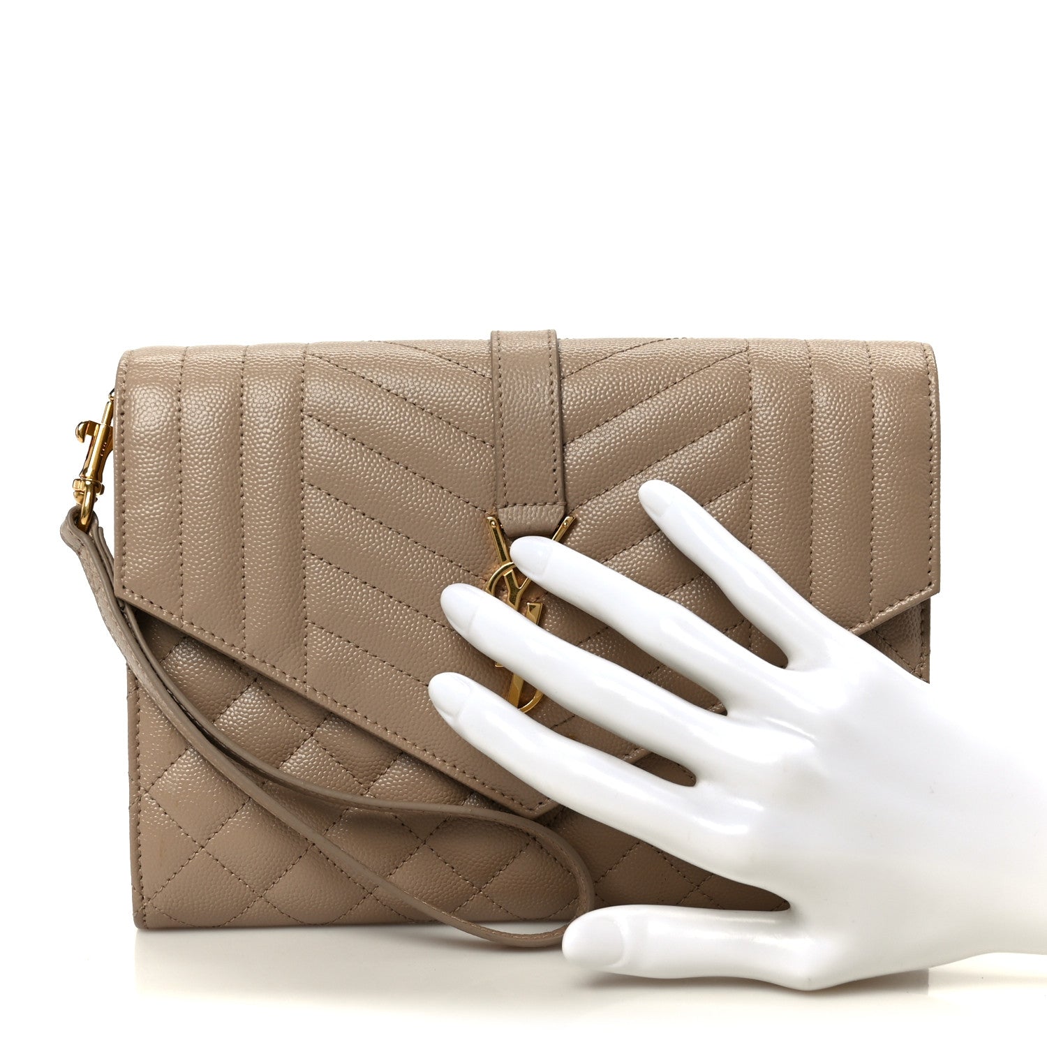 Saint Laurent Grain De Poudre Textured Mixed Matelasse Triquilt Monogram Clutch Dark Beige 2 of 9