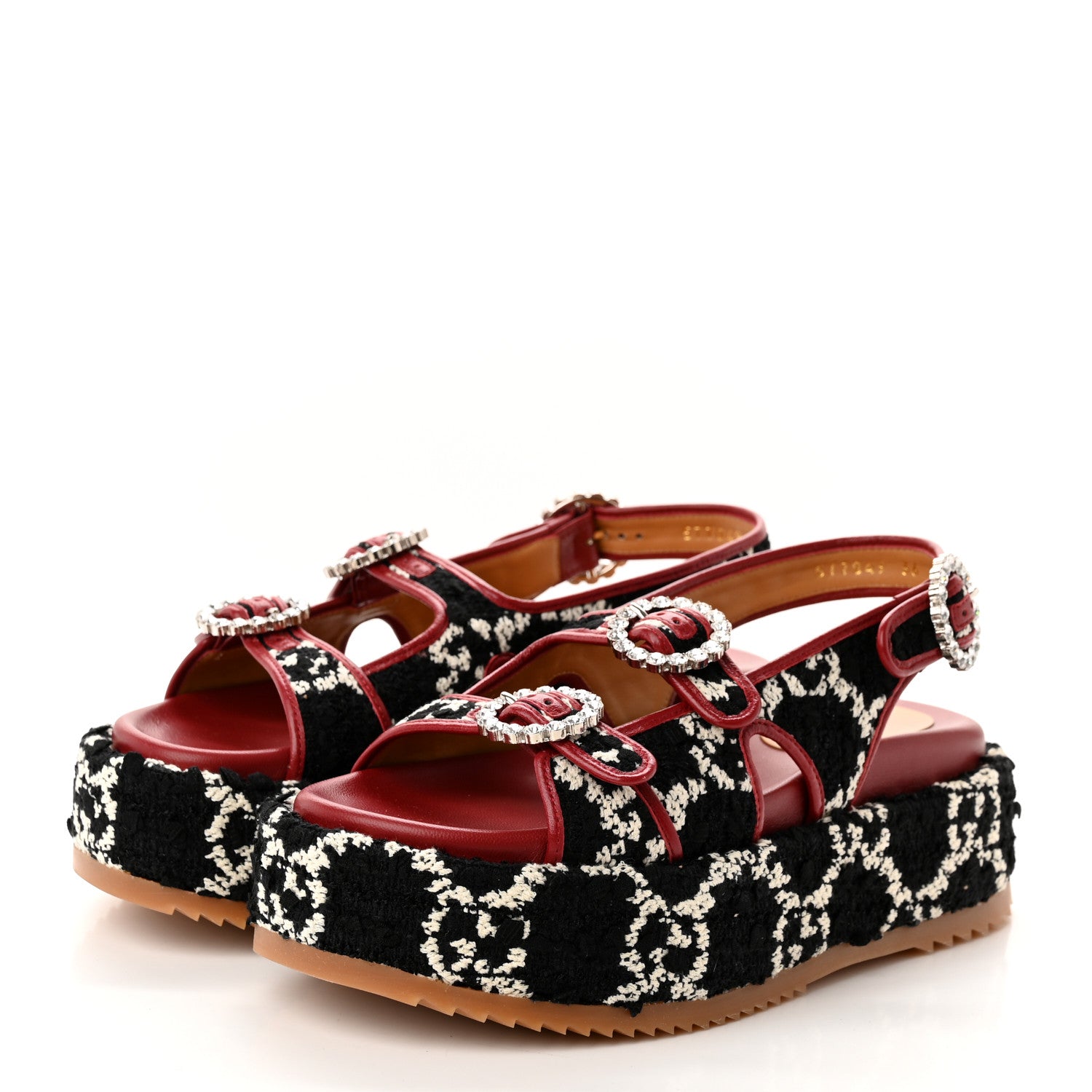 Gucci Tweed GG Monogram Crystal Angelina Platform Slingback Sandals 36 Black Natural Cerise 3 of 9