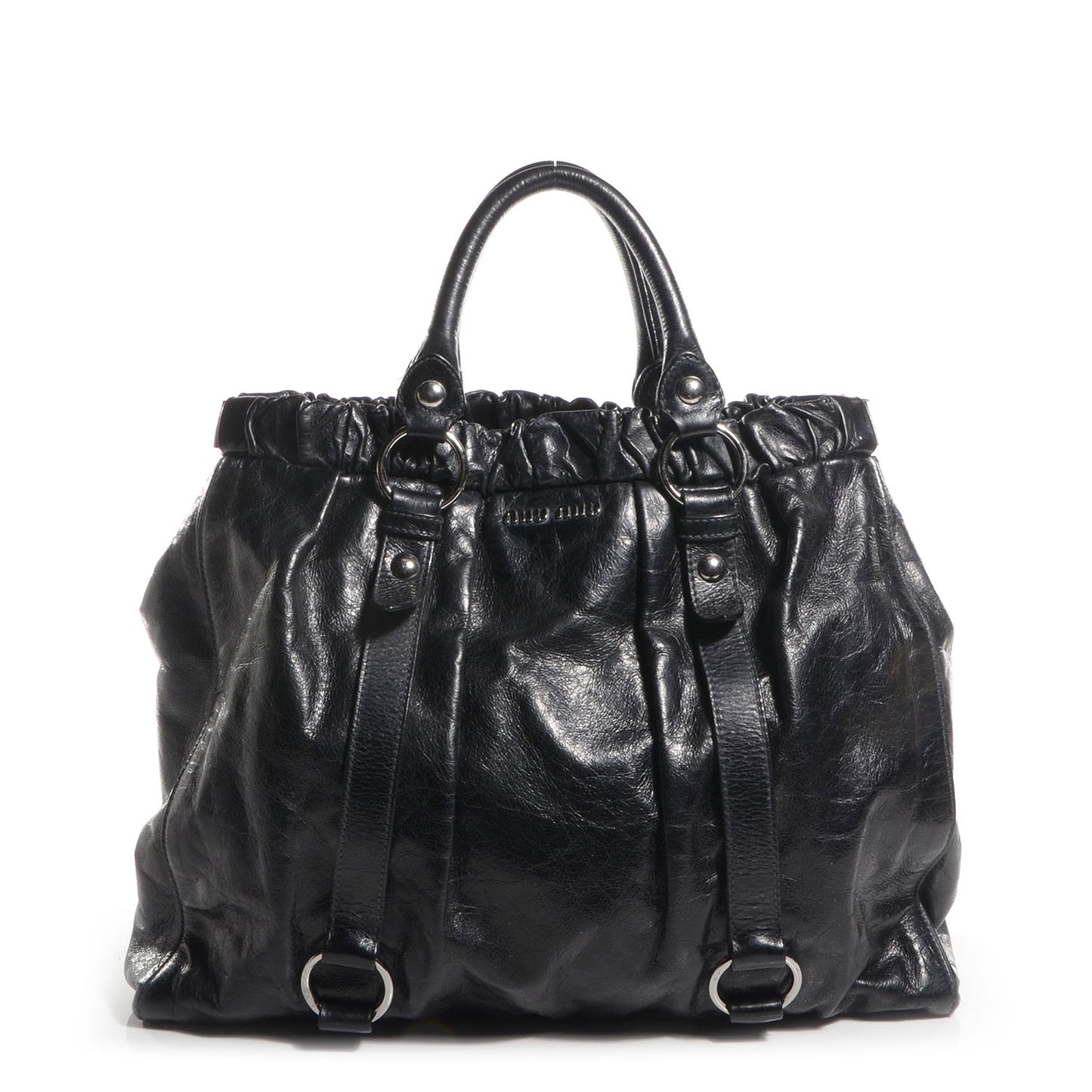 Leather Vitello Lux Gathered Tote Black