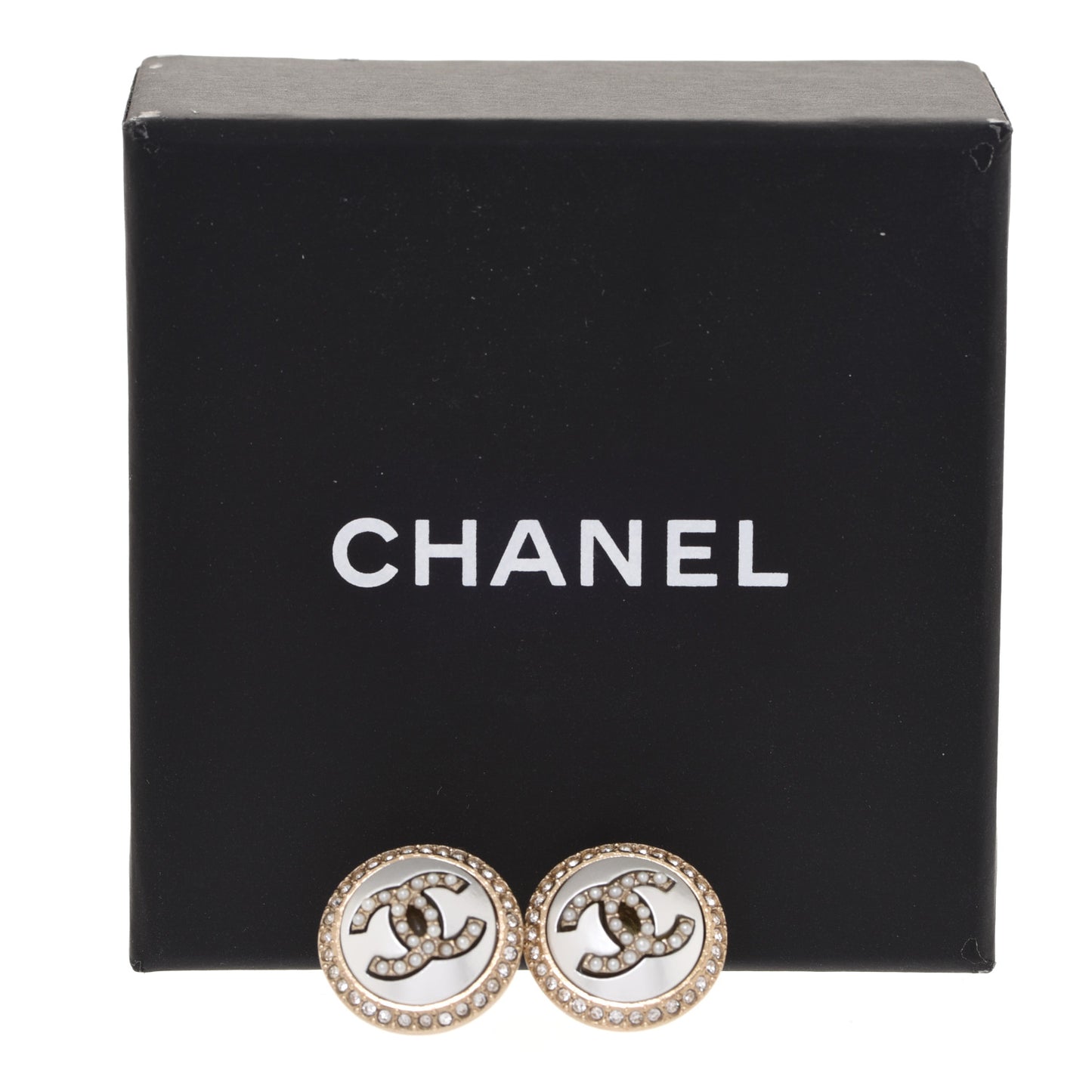 Pearl Crystal CC Round Earrings Gold