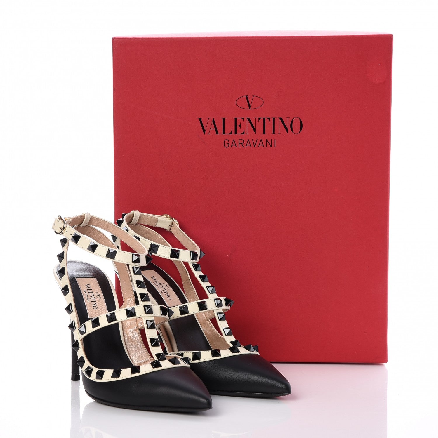 Valentino Garavani Calfskin Rockstud Ankle Strap Pumps 36 Black Ivory 11 of 11