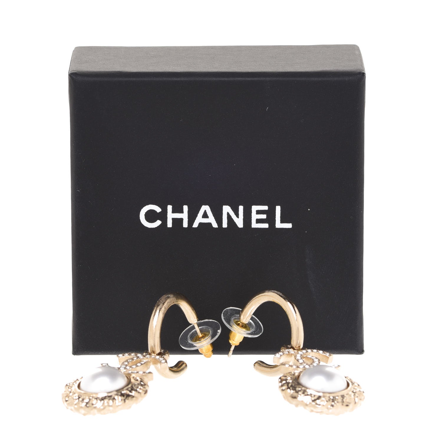 Chanel Metal Crystal Pearl Textured CC Hoop Drop Earrings Gold White 5 of 5