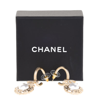 Chanel Metal Crystal Pearl Textured CC Hoop Drop Earrings Gold White 5 of 5