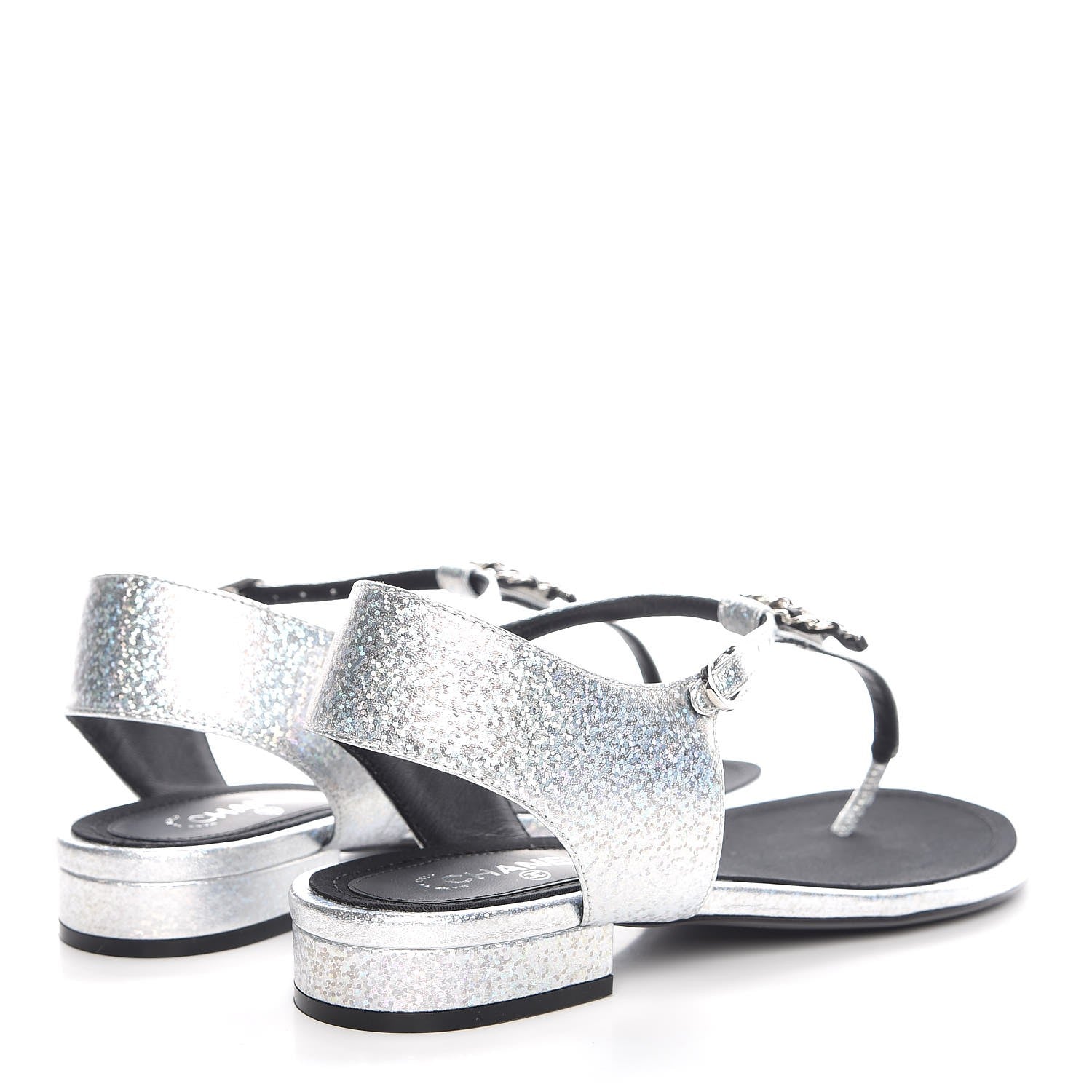 Chanel Fantasy Lambskin CC Chain Thong Sandals 37.5 Silver Black 4 of 9