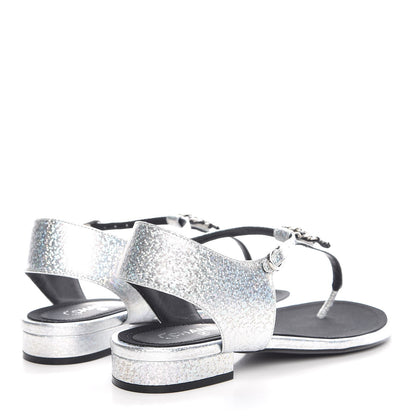 Chanel Fantasy Lambskin CC Chain Thong Sandals 37.5 Silver Black 4 of 9