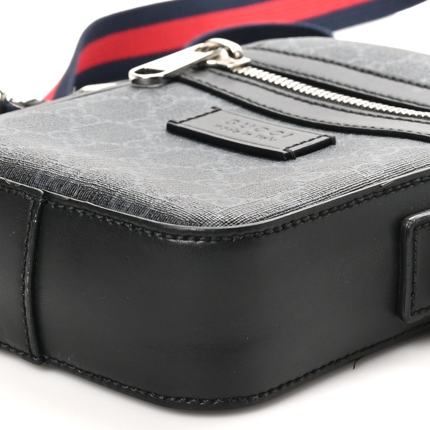 GG Supreme Monogram Appia Calfskin Web Small Camera Messenger Bag Black Grey