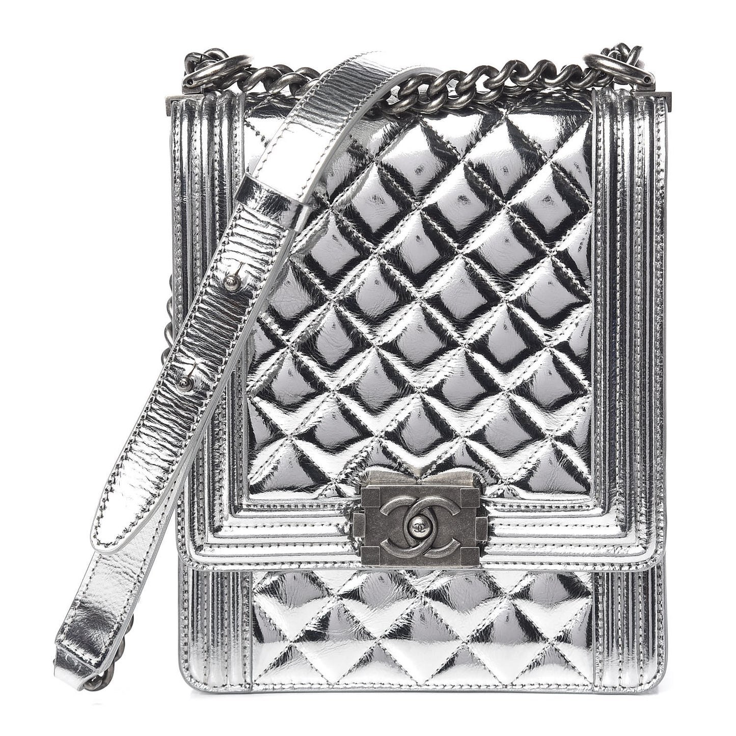 Metallic Goatskin Quilted North South Boy Flap Silver