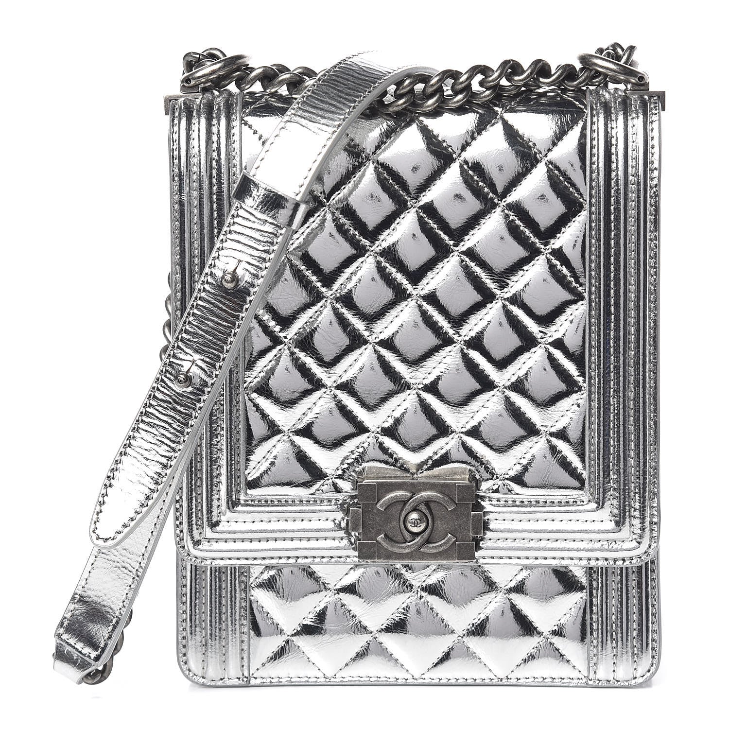 Chanel Metallic Goatskin Quilted North South Boy Flap Silver 1 of 10