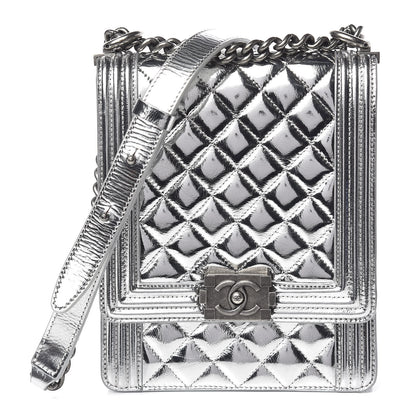 Chanel Metallic Goatskin Quilted North South Boy Flap Silver 1 of 10