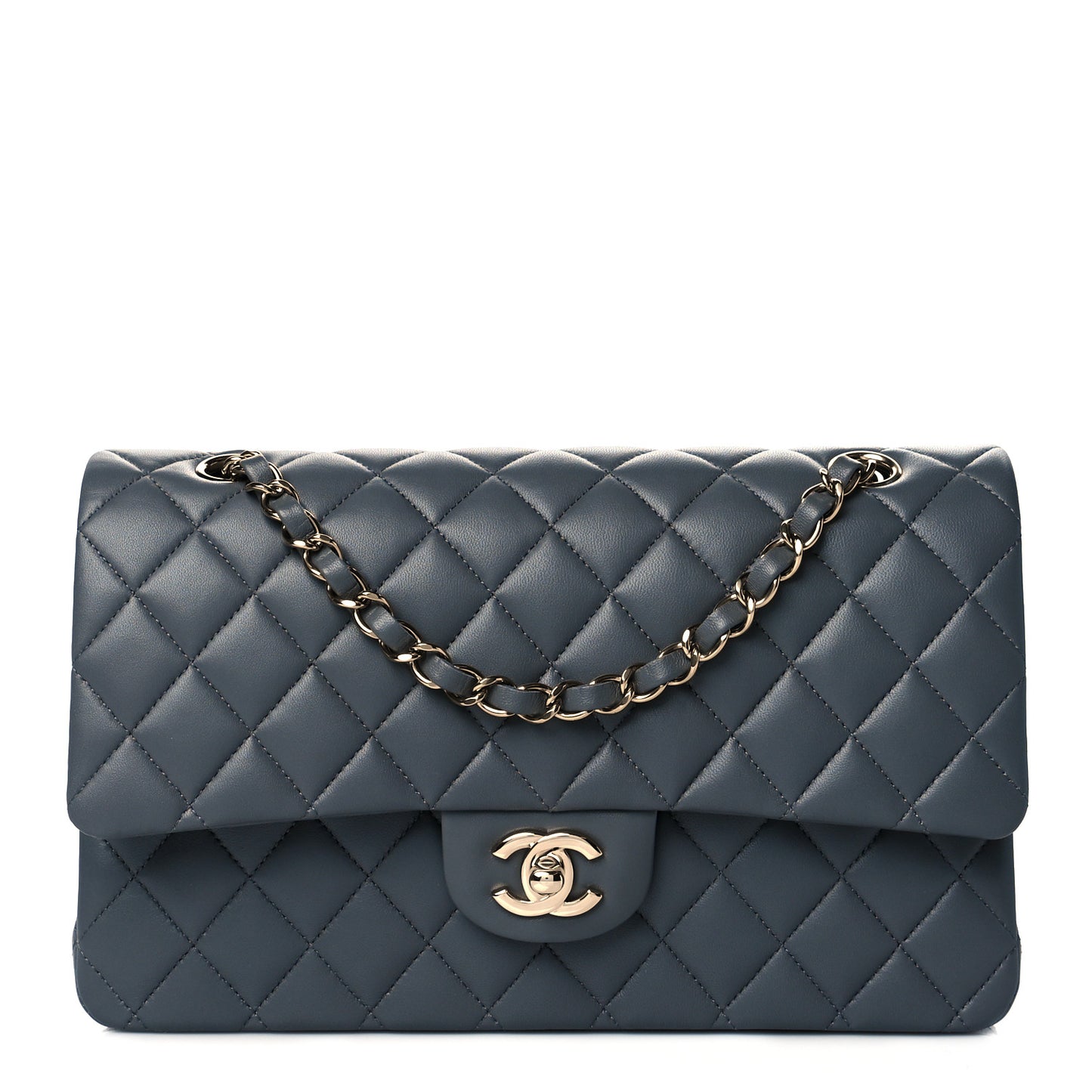 Lambskin Quilted Medium Double Flap Dark Grey