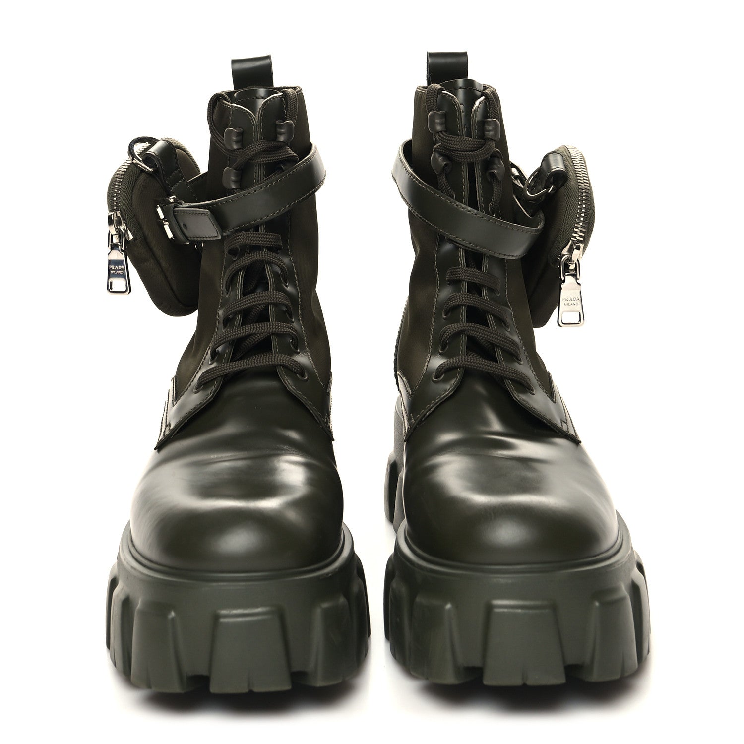 Prada Spazzolato Rois Re-Nylon Metal Triangle Logo Monolith Pouch Pocket 55mm Boots 40.5 Militare 2 of 9