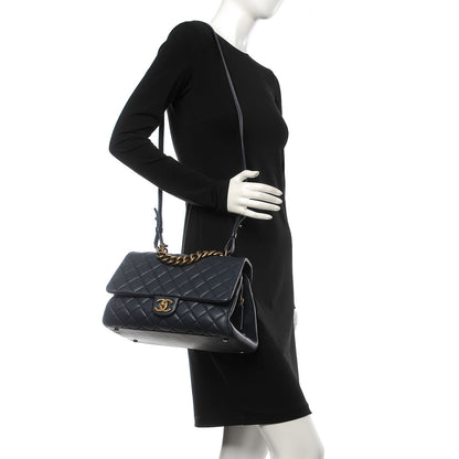 Chanel Shiny Sheepskin Quilted Large Trapezio Flap Navy 2 of 8
