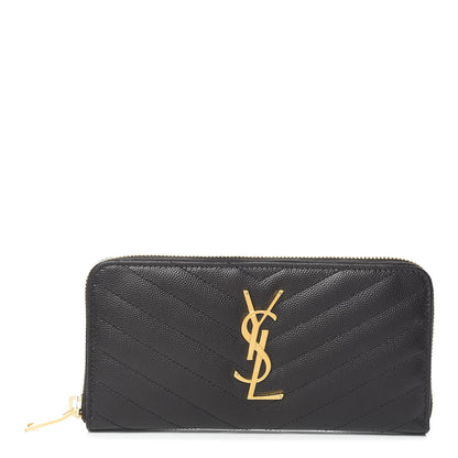 Saint Laurent Grain De Poudre Matelasse Chevron Monogram Zip Around Wallet Black 1 of 8