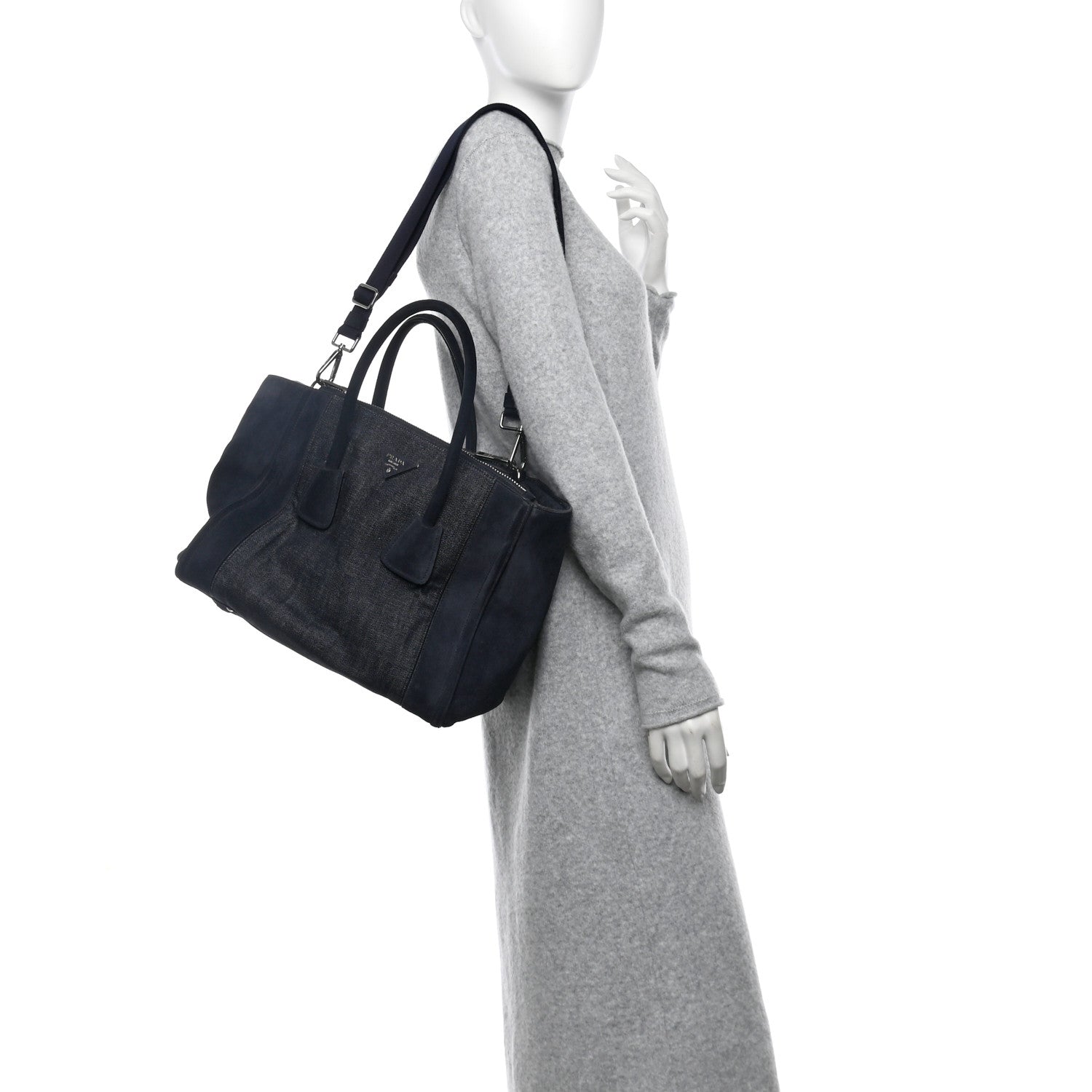 Prada Denim Suede Scamosciato Twin Pocket Tote Bleu 2 of 12