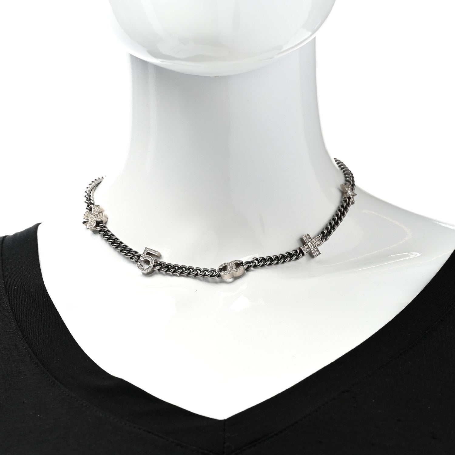 Chanel Ruthenium Crystal Chain CC Lucky Charms Choker Silver 1 of 5