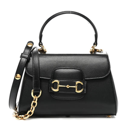 Gucci Glazed Textured Calfskin Mini Horsebit 1955 Top Handle Flap Bag Black 1 of 17