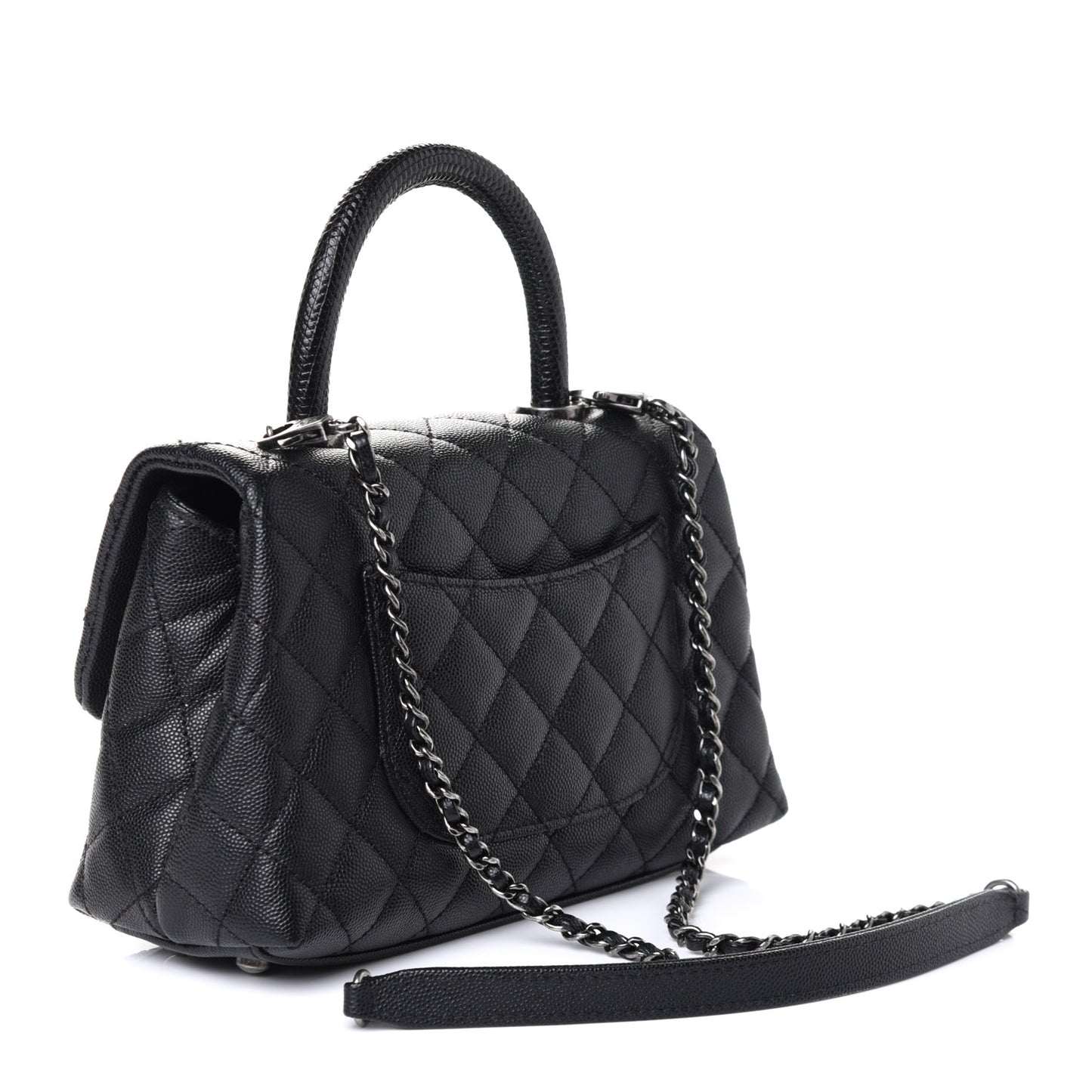 Caviar Lizard Embossed Quilted Mini Coco Handle Flap Black