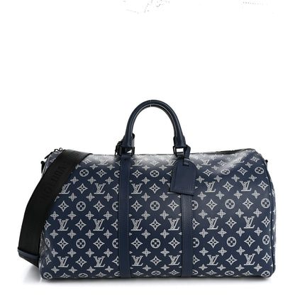 Louis Vuitton Calfskin Shadow Monogram Keepall Bandouliere 50 Ink Blue White 1 of 8