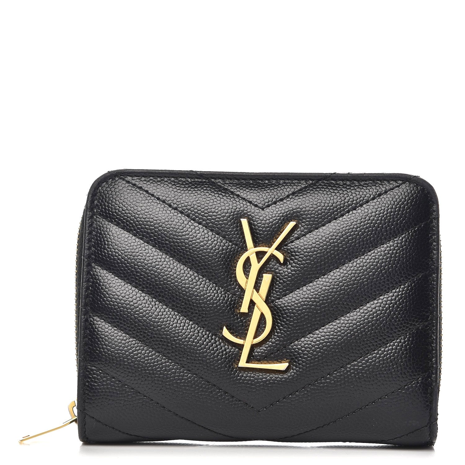 Saint Laurent Grain De Poudre Matelasse Chevron Monogram Compact Zip Around Wallet Black 1 of 6