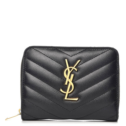 Saint Laurent Grain De Poudre Matelasse Chevron Monogram Compact Zip Around Wallet Black 1 of 6