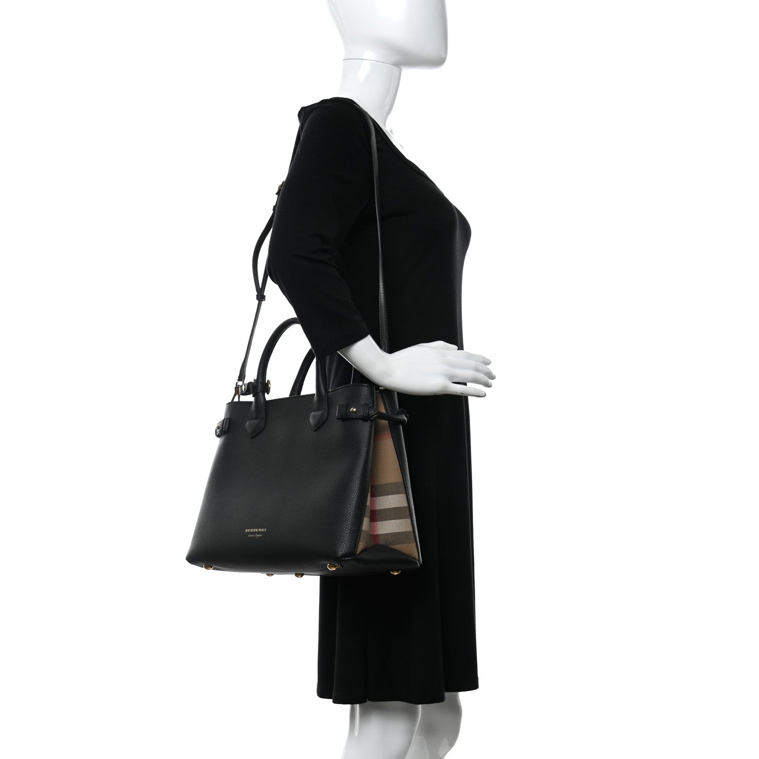 Burberry Grainy Calfskin House Check Medium Banner Tote Black 2 of 9