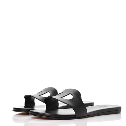 Hermes Calfskin Raw Edge Lisboa Sandals 37 Black 3 of 9
