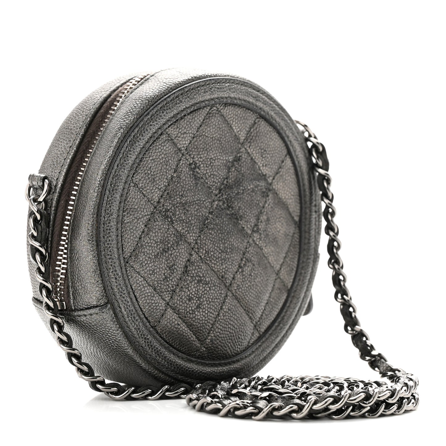Metallic Caviar Quilted Round Filigree Crossbody Dark Silver