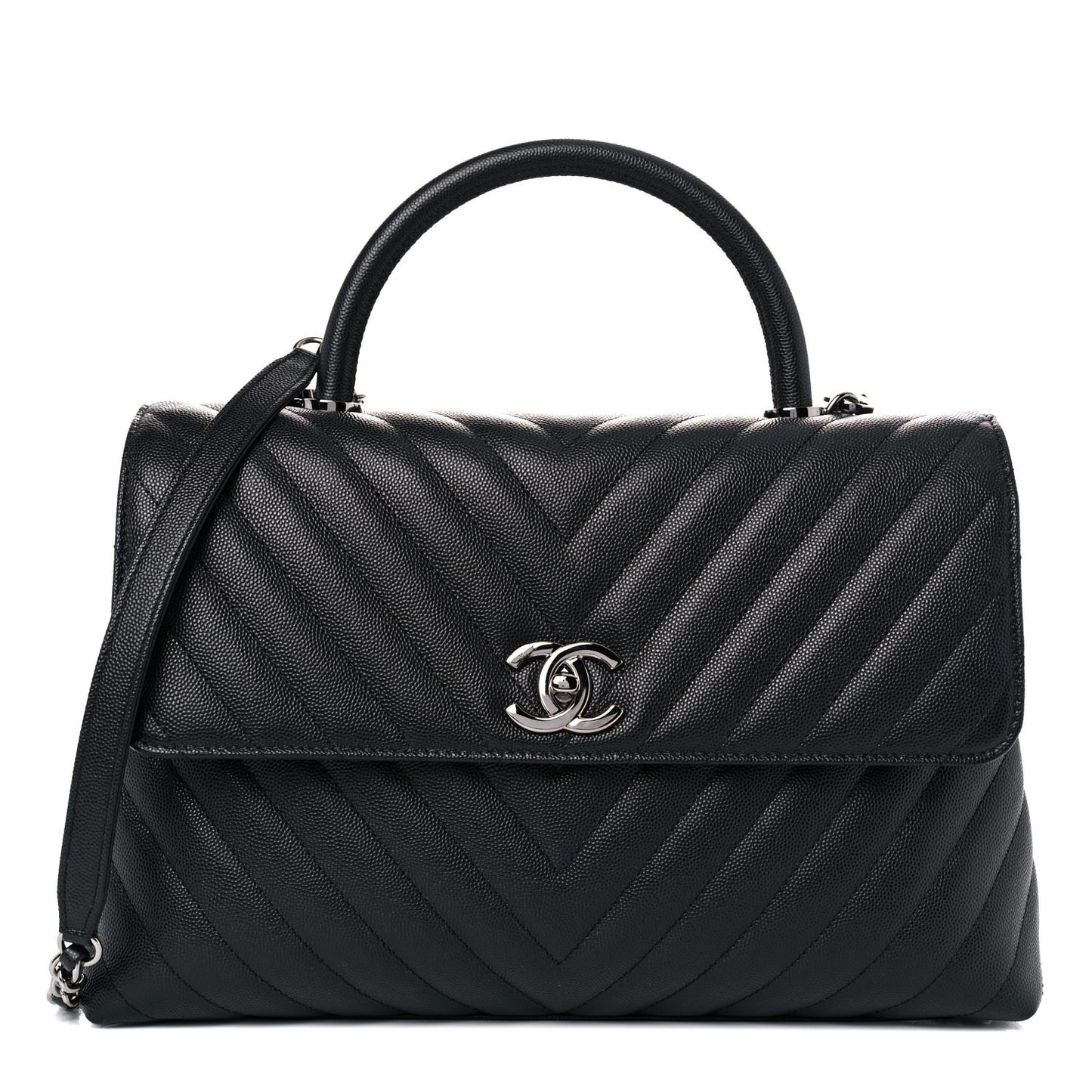 Caviar Chevron Quilted Medium Coco Handle Flap Black
