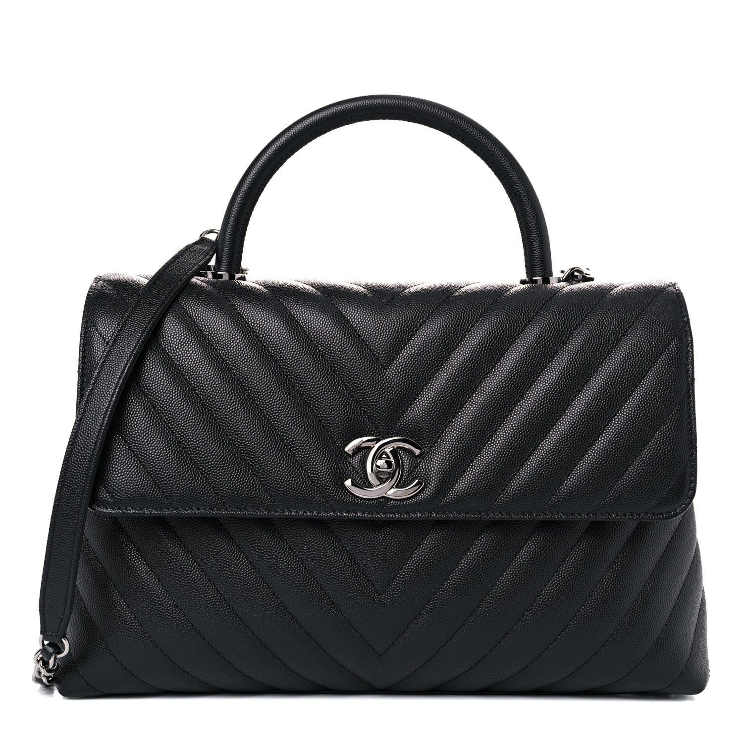 Chanel Caviar Chevron Quilted Medium Coco Handle Flap Black 1 of 11