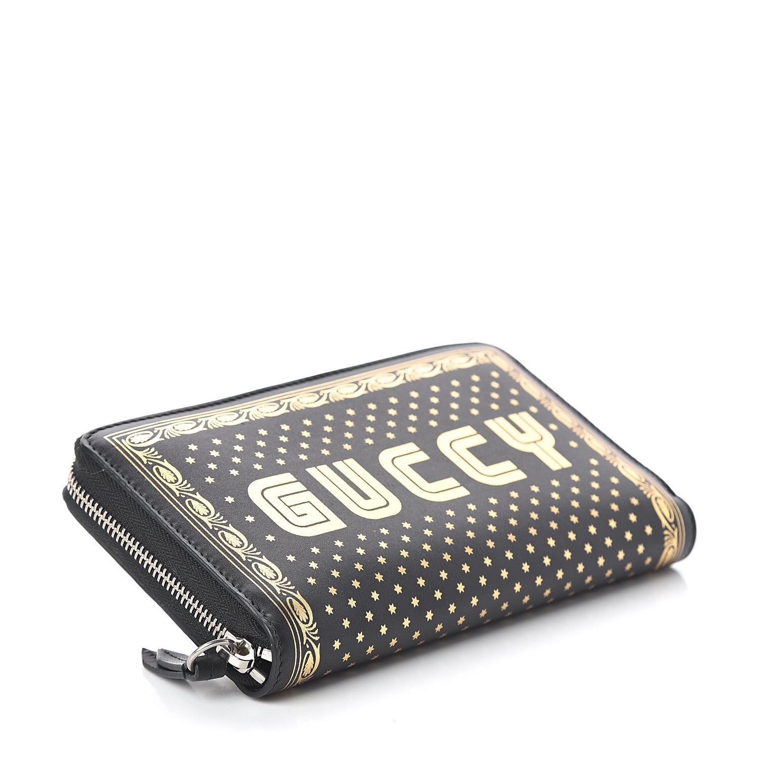Gucci X SEGA Calfskin GUCCY Stars Zip Around Wallet Black Gold 3 of 5