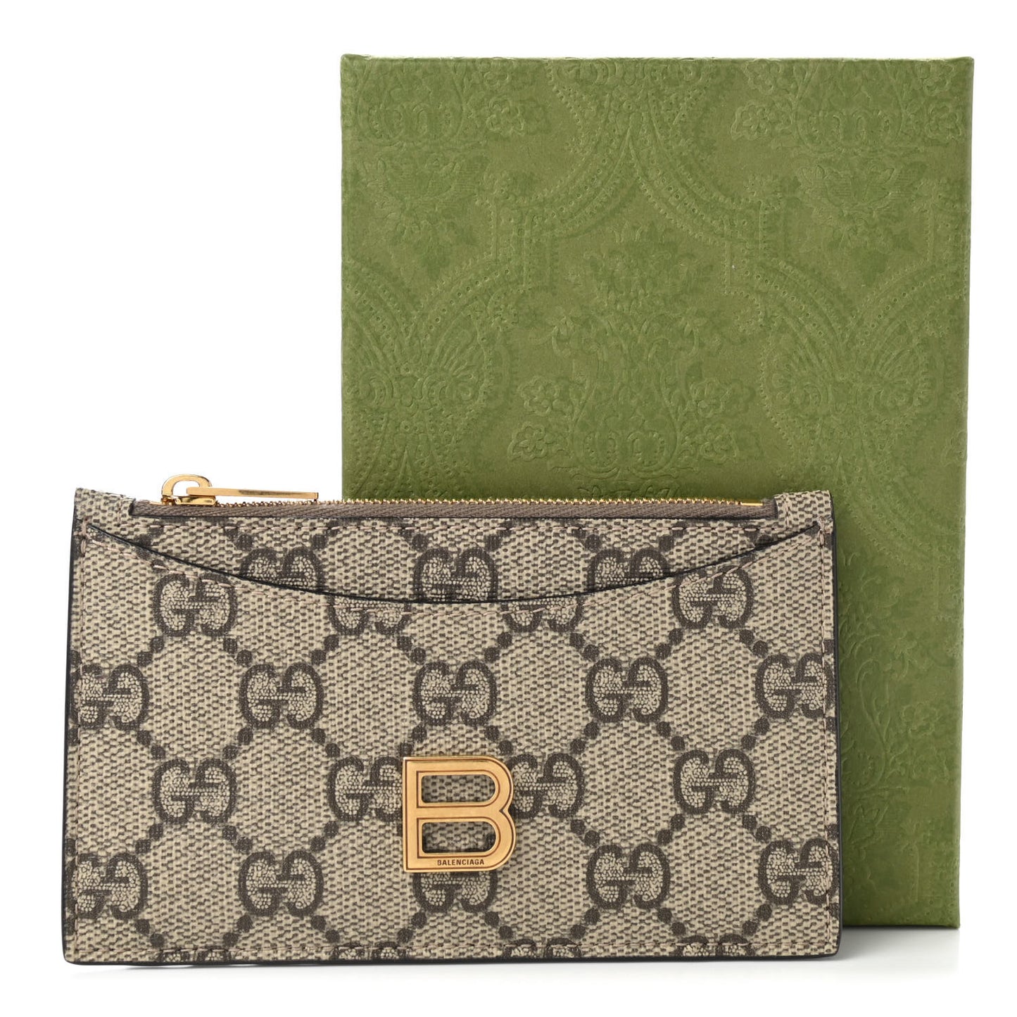 X BALENCIAGA GG Supreme Monogram Zip Card Case Beige Ebony