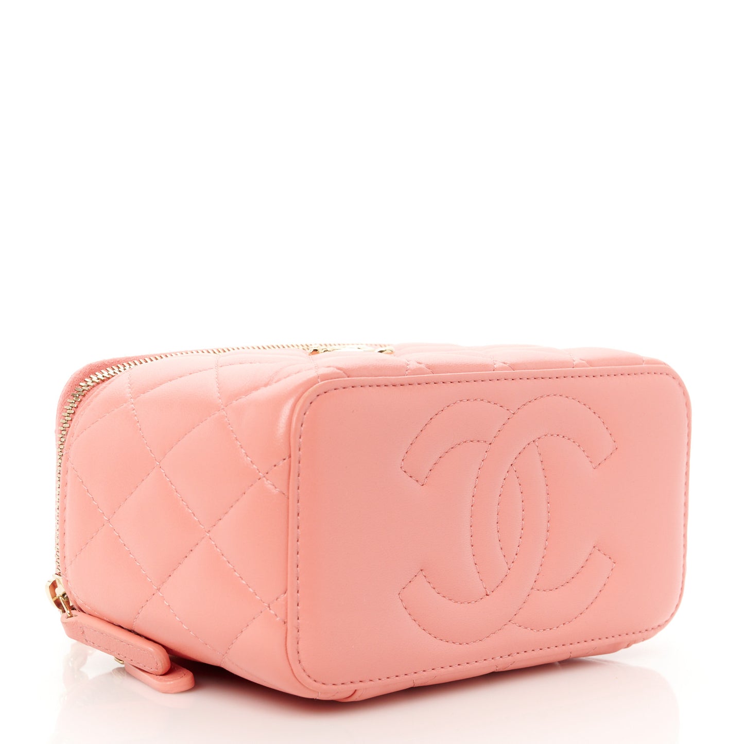 Lambskin Quilted Small Charming Top Handle Vanity Case With Chain Pink