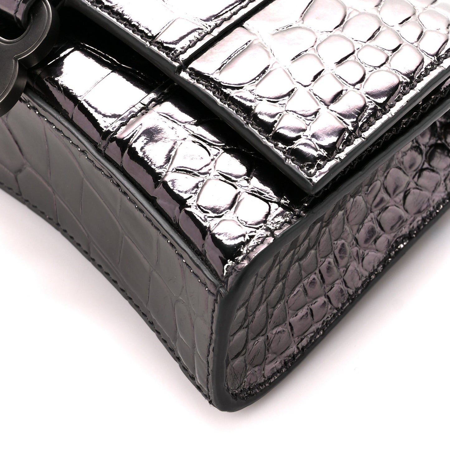 Shiny Calfskin Crocodile Embossed Hourglass Chain Bag Gunmetal