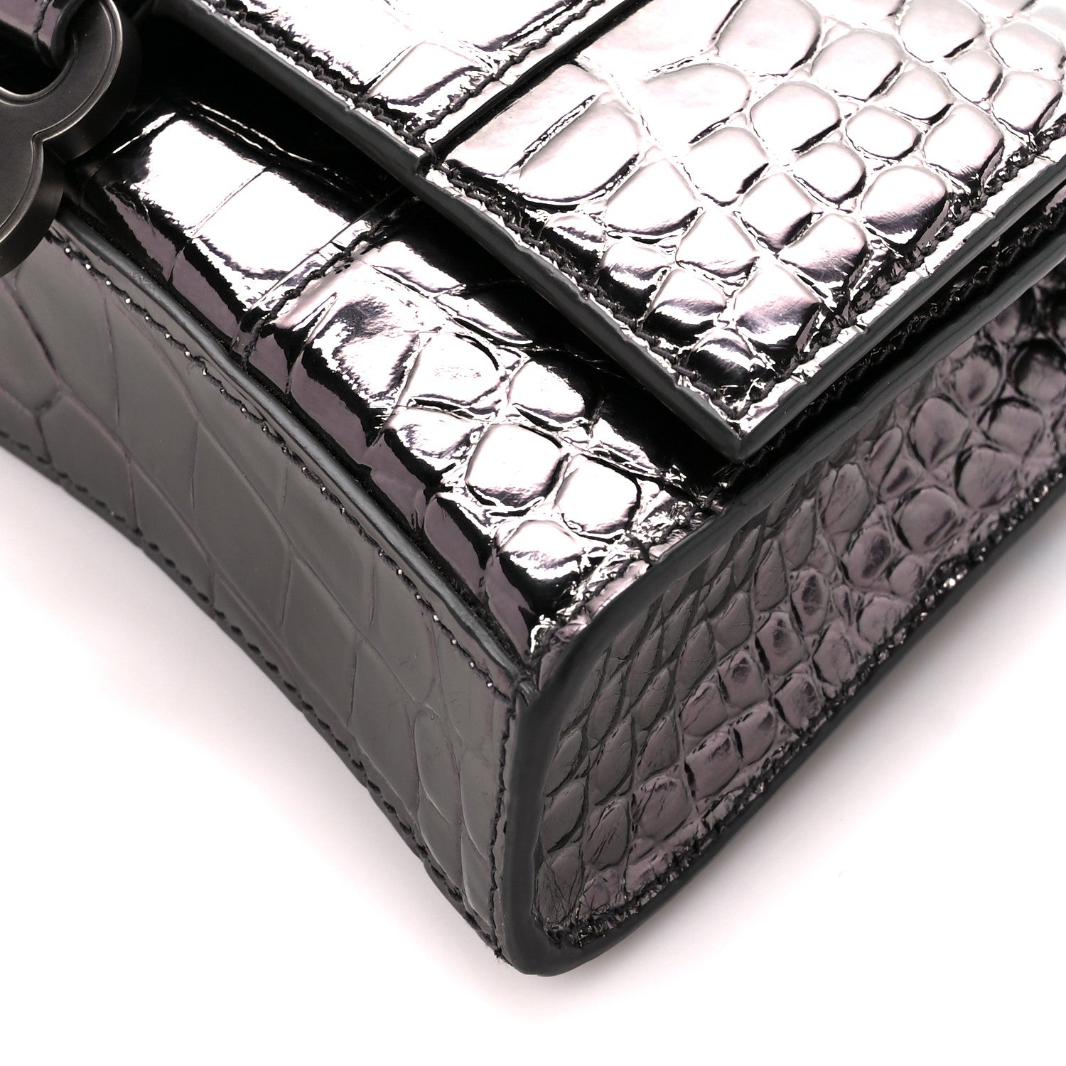 Balenciaga Shiny Calfskin Crocodile Embossed Hourglass Chain Bag Gunmetal 9 of 9