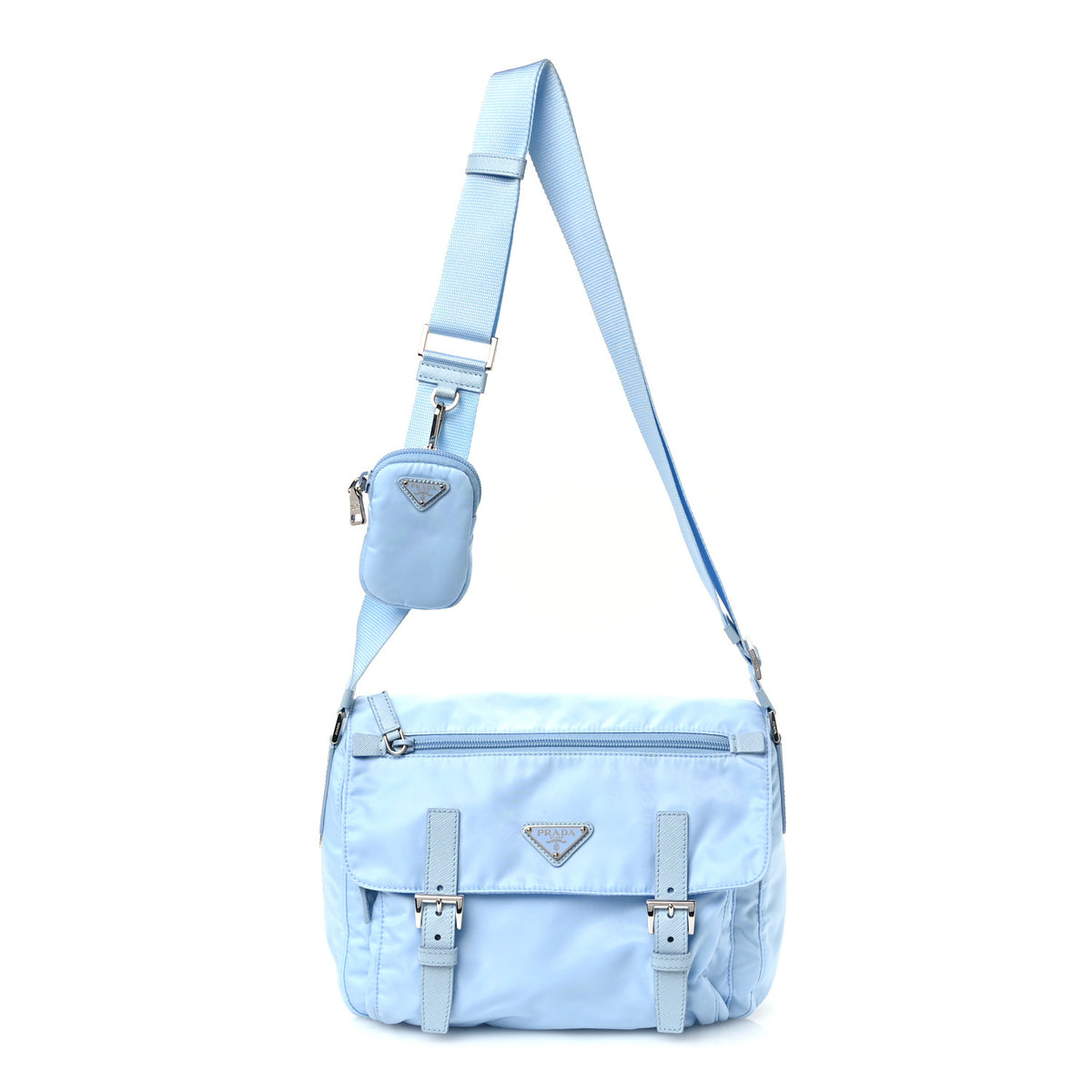 Prada Re-Nylon Vela Saffiano Pocket Double Buckle Messenger Shoulder Bag Celeste 1 of 10