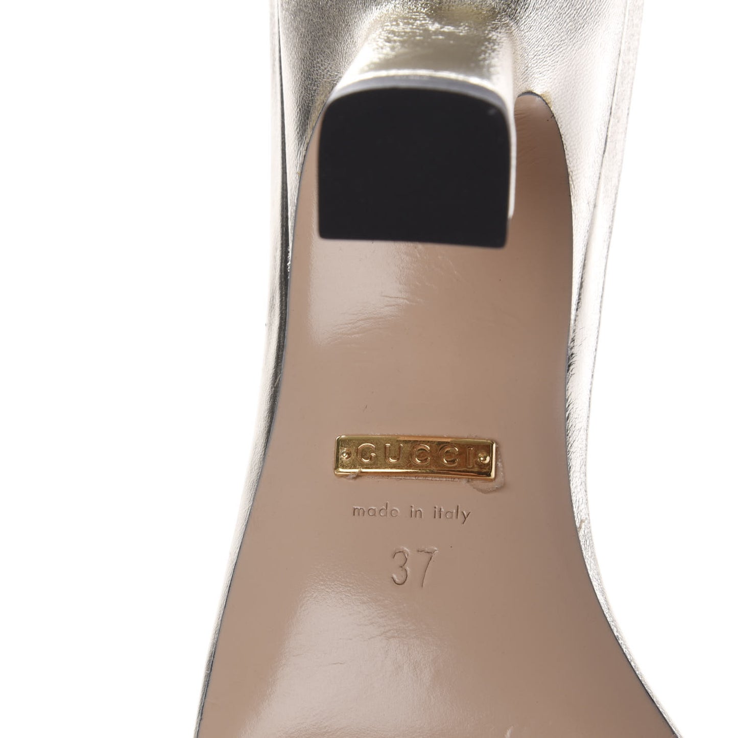 Metallic Nappa Dora Tiger Head Mid Heel Slide Sandals 37 Platino