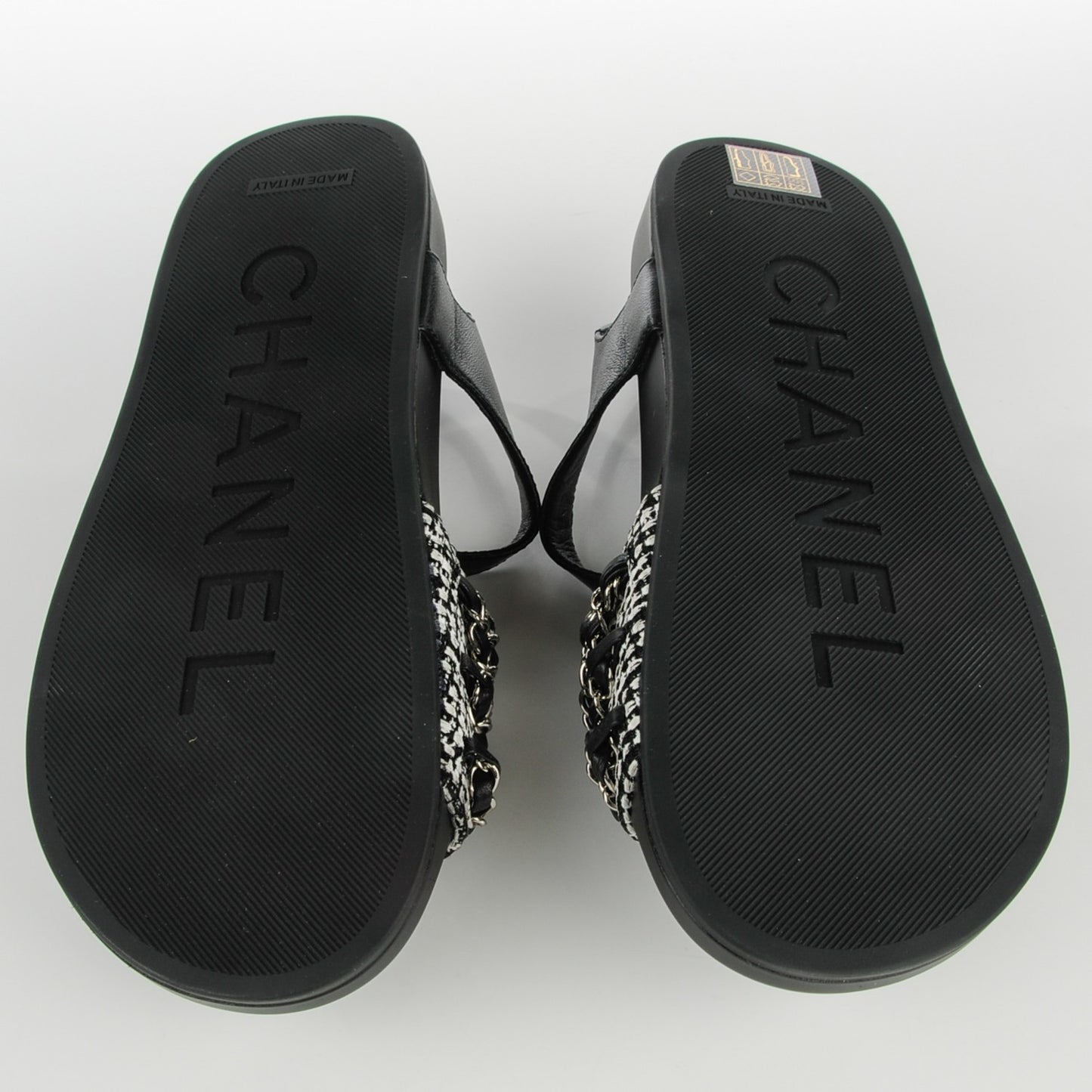 Tweed Lambskin Chain Flat Sandals 38 Black White