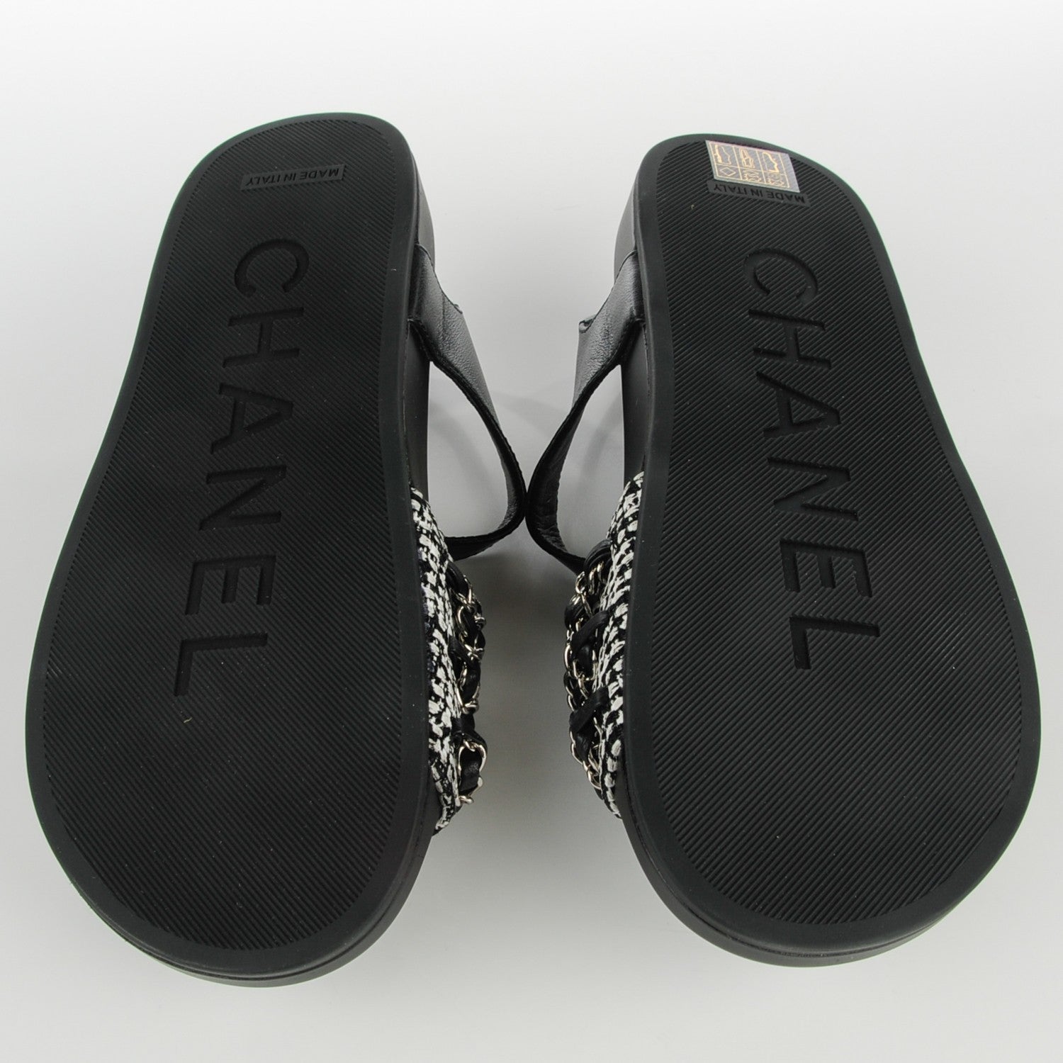 Chanel Tweed Lambskin Chain Flat Sandals 38 Black White 6 of 9